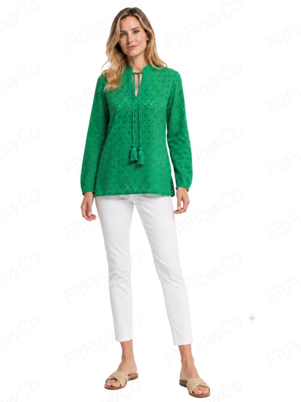 Calligraphie Green Eyelet Tunic Blouse Size S NWT Tassel Tie Boho